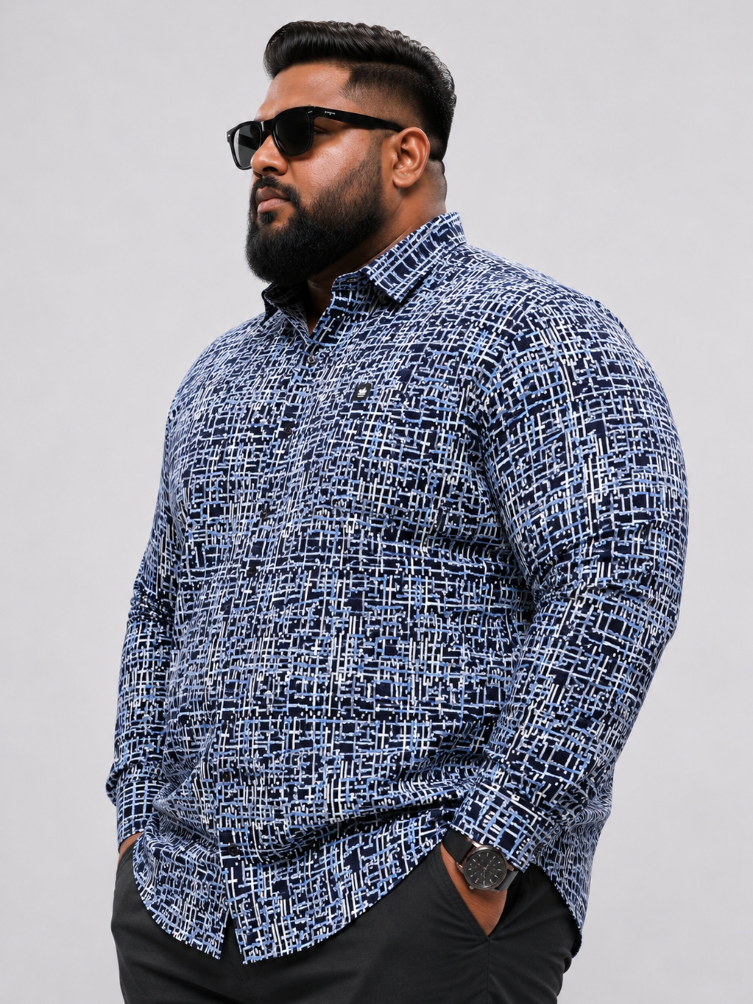 Plus Size Party Wear Satin Shirt - Navy Blue