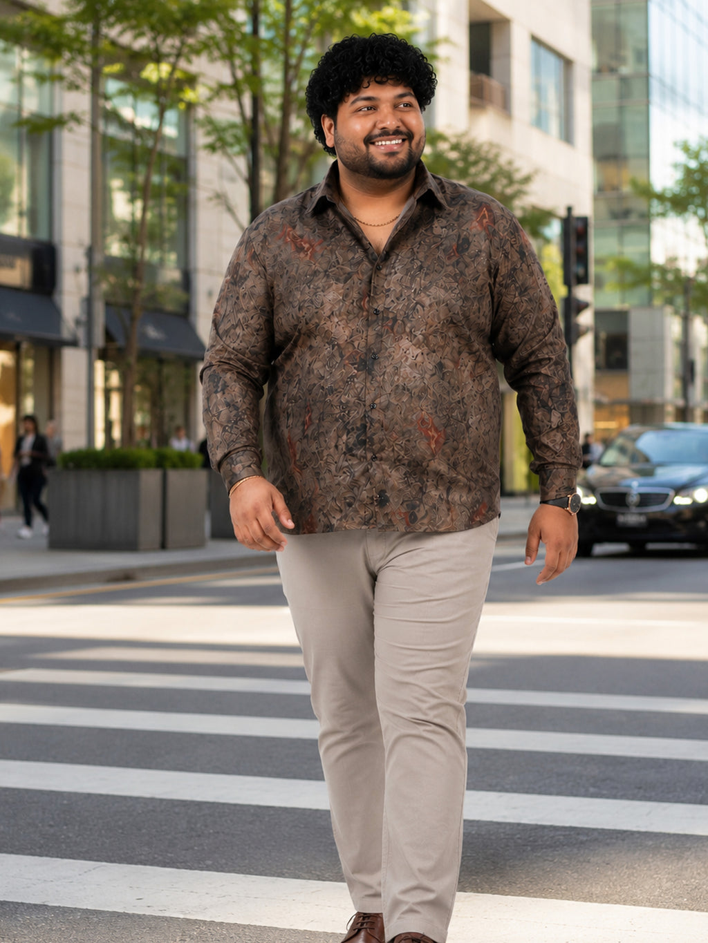 Plus Size Party Wear Satin Shirt - Brown