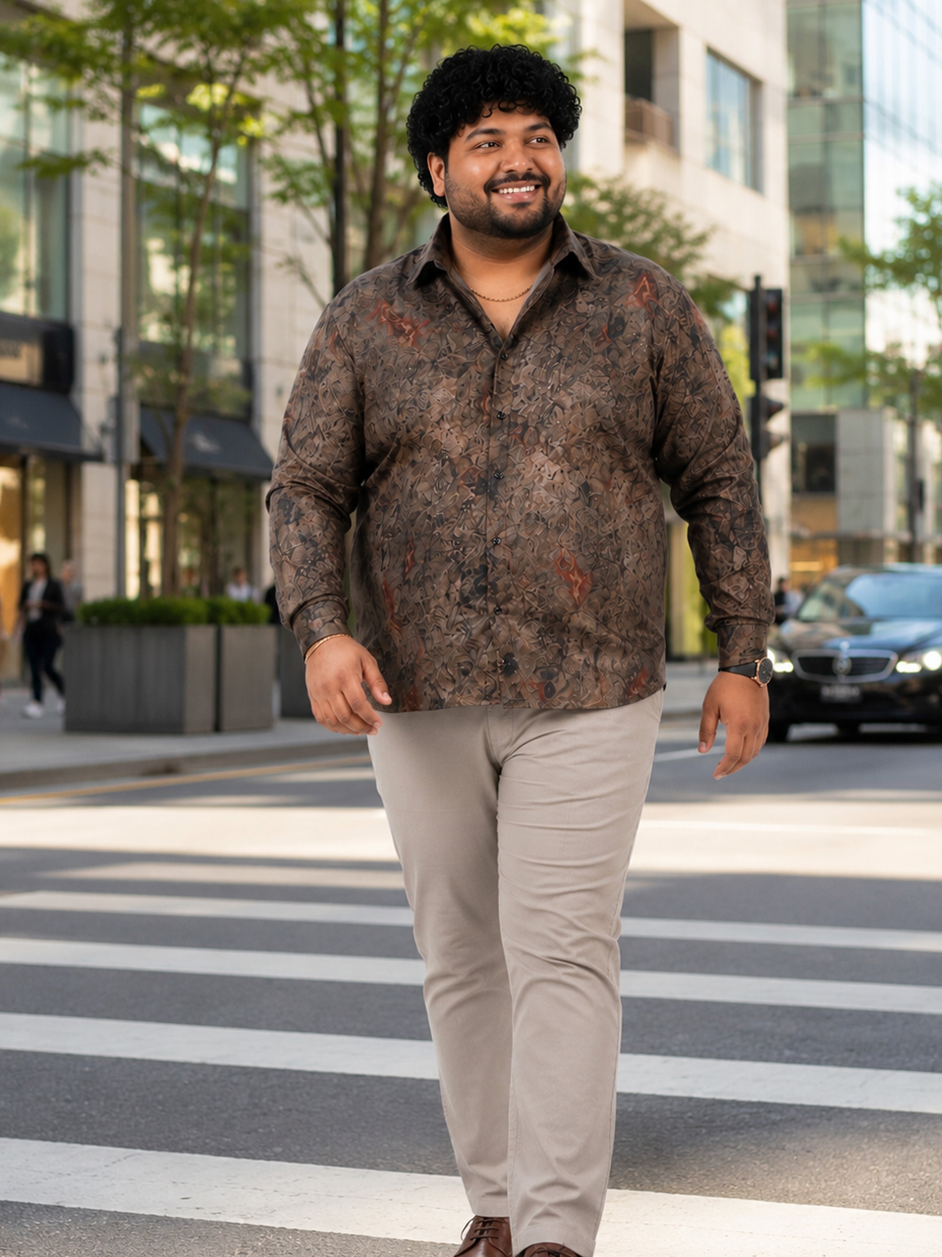 Plus Size Party Wear Satin Shirt - Brown