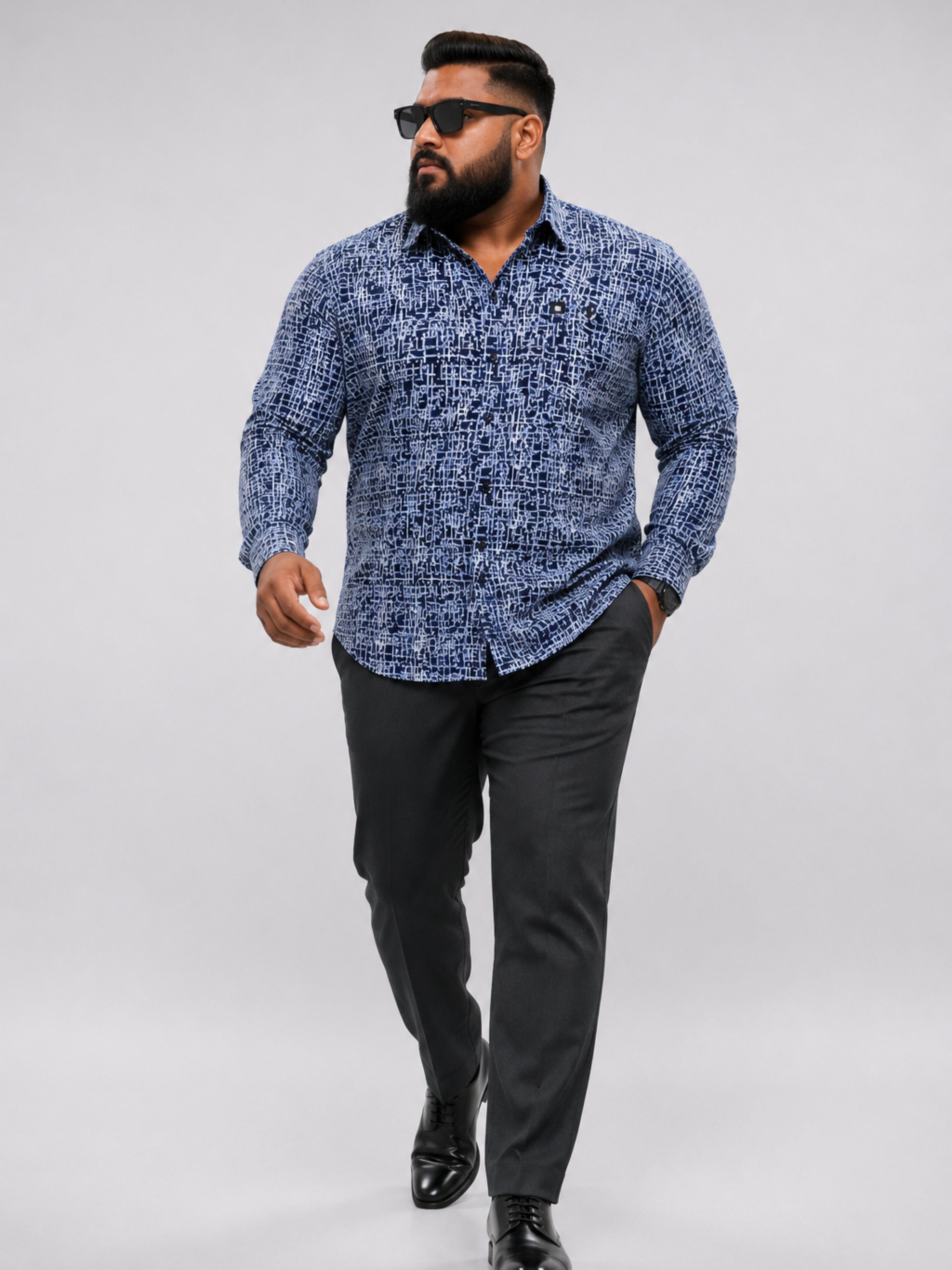 Plus Size Party Wear Satin Shirt - Navy Blue