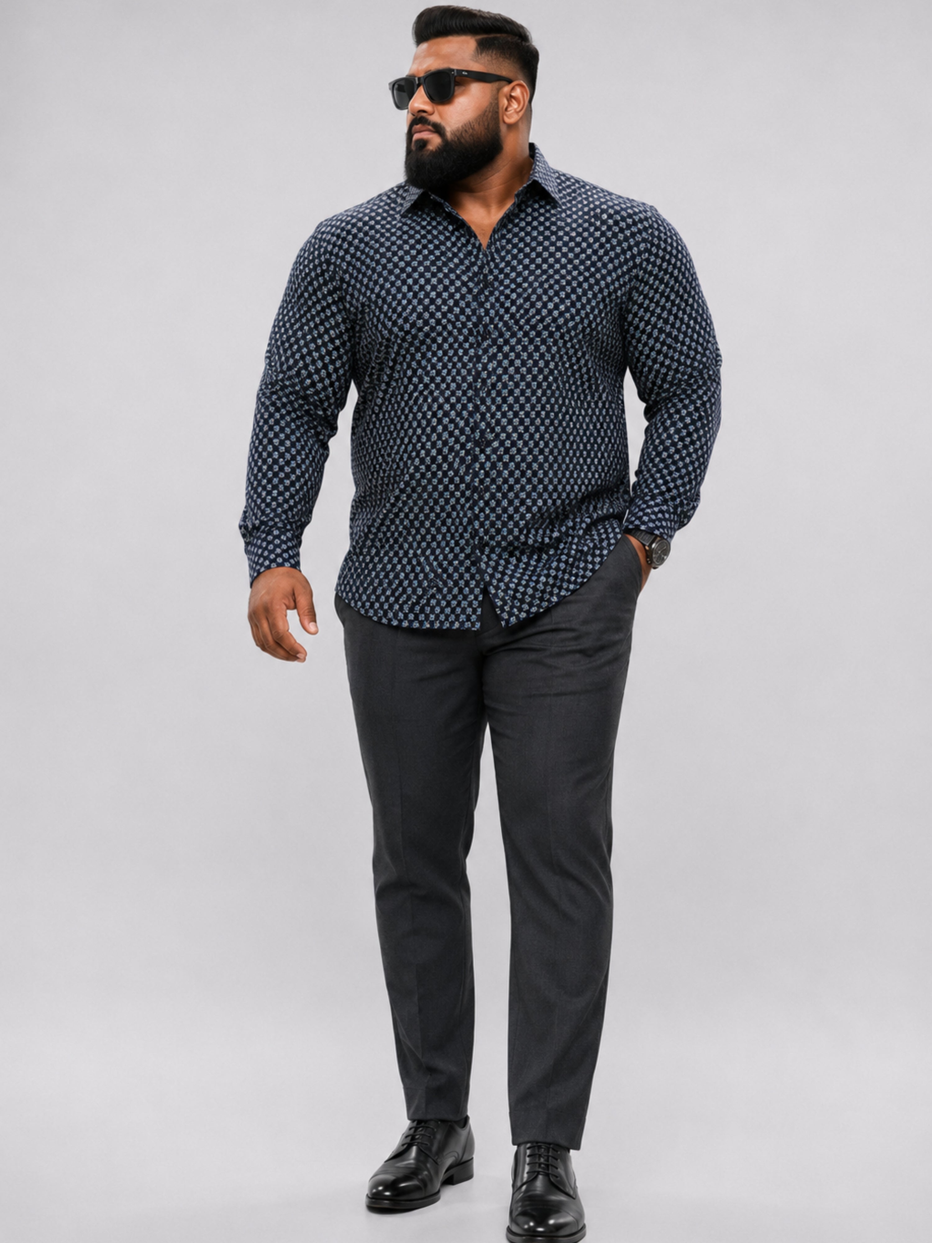 Plus Size Party Wear Satin Shirt - Dark Navy