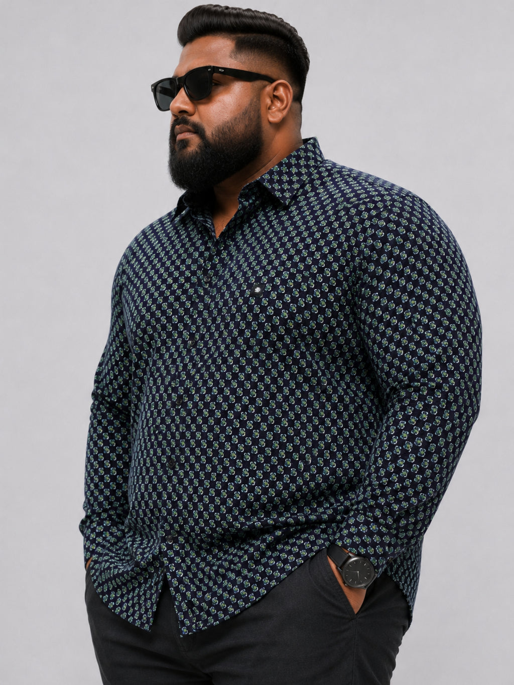 Plus Size Party Wear Satin Shirt - Dark Navy