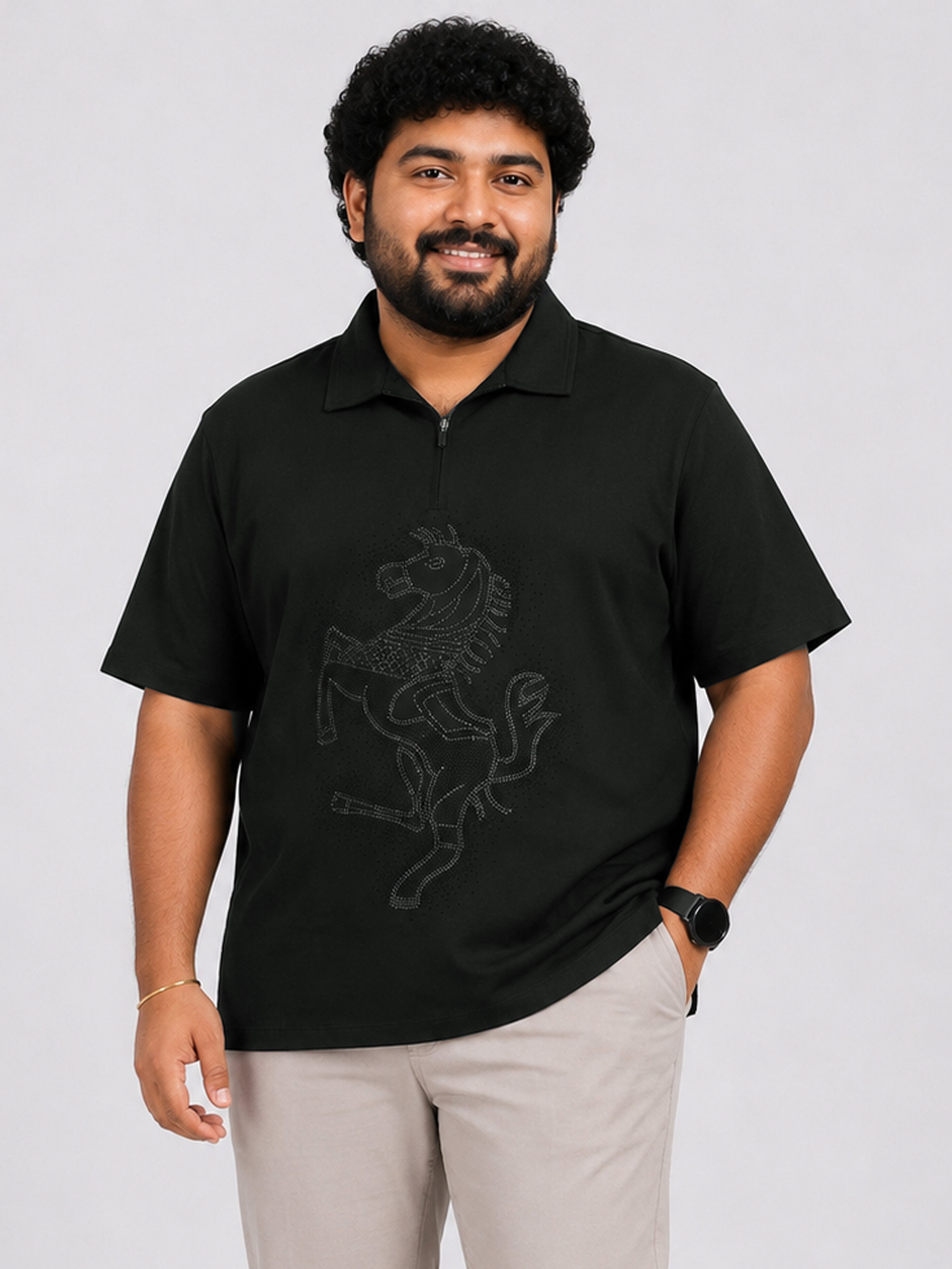 Plus Size Collar T-Shirt Party Wear - Black