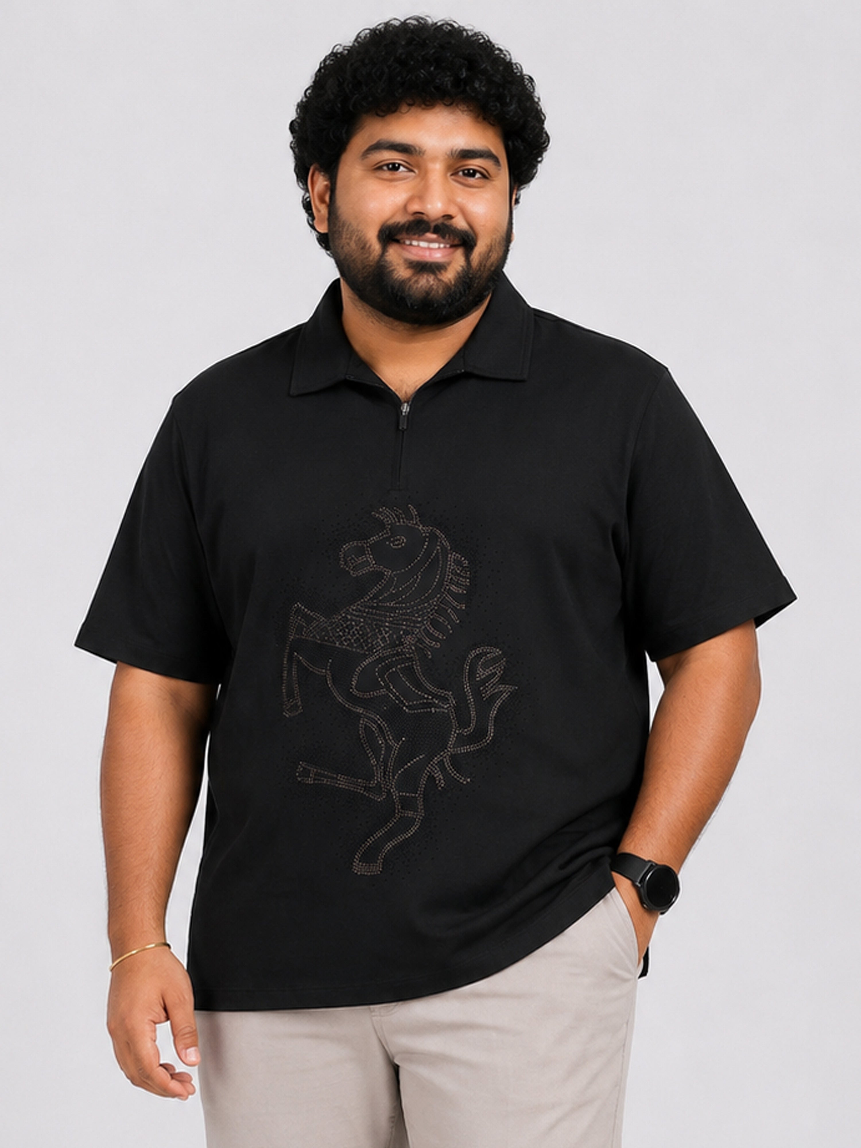 Plus Size Collar T-Shirt Party Wear - Black