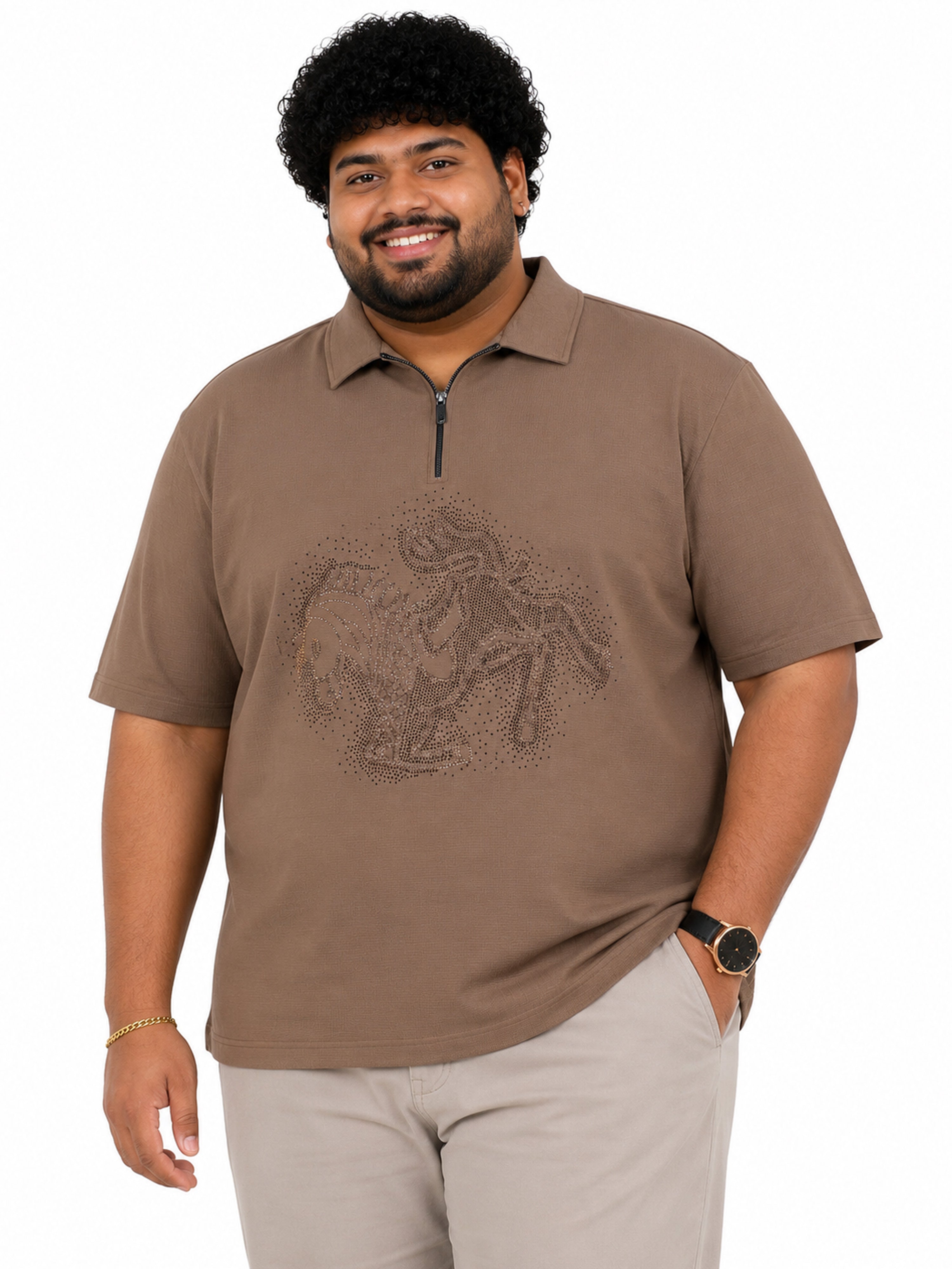 Plus Size Collar T-Shirt Party Wear - Khaki