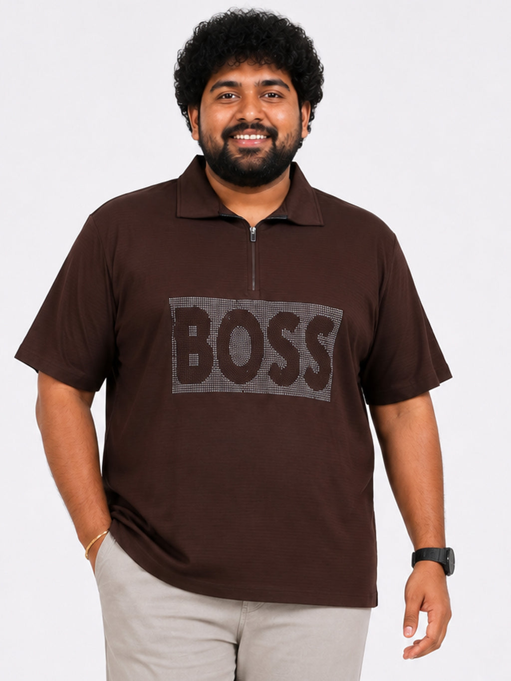 Plus Size Collar T-Shirt Party Wear - Brown