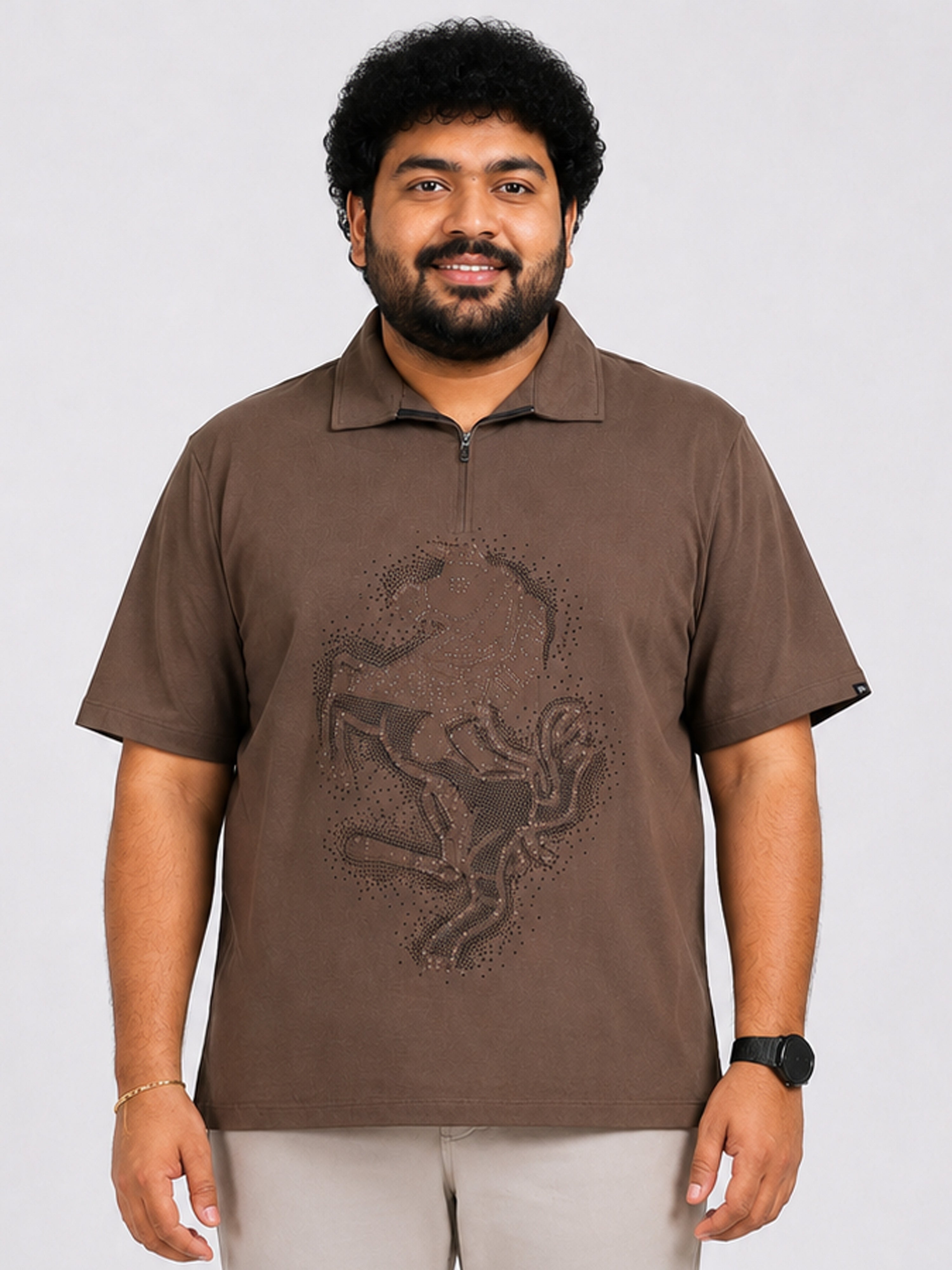 Plus Size Collar T-Shirt Party Wear - Taupe Brown