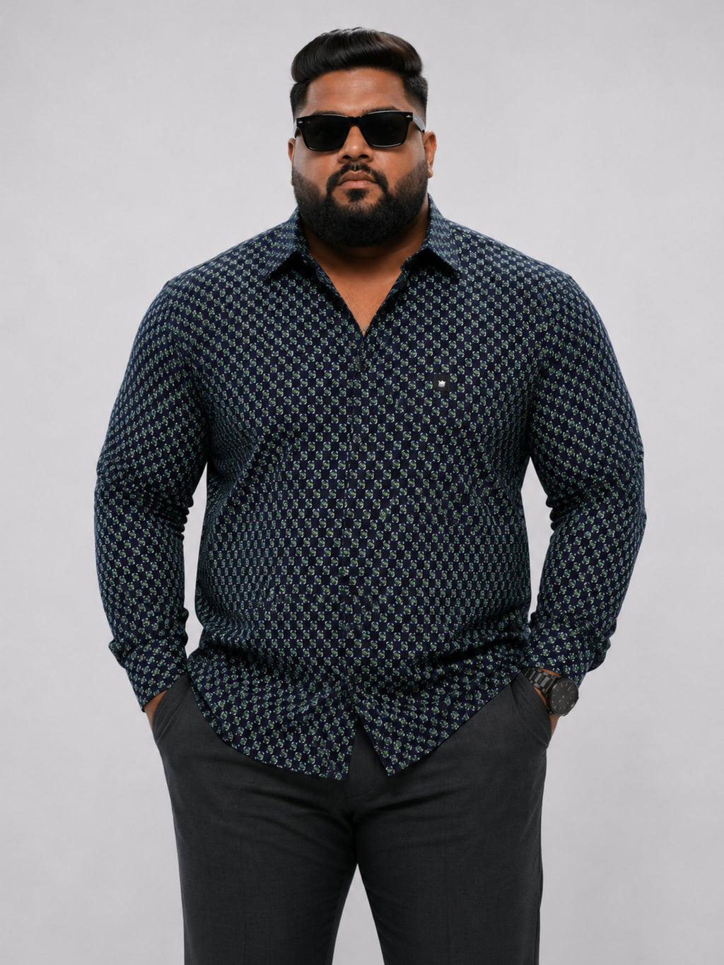 Plus Size Party Wear Satin Shirt - Dark Navy