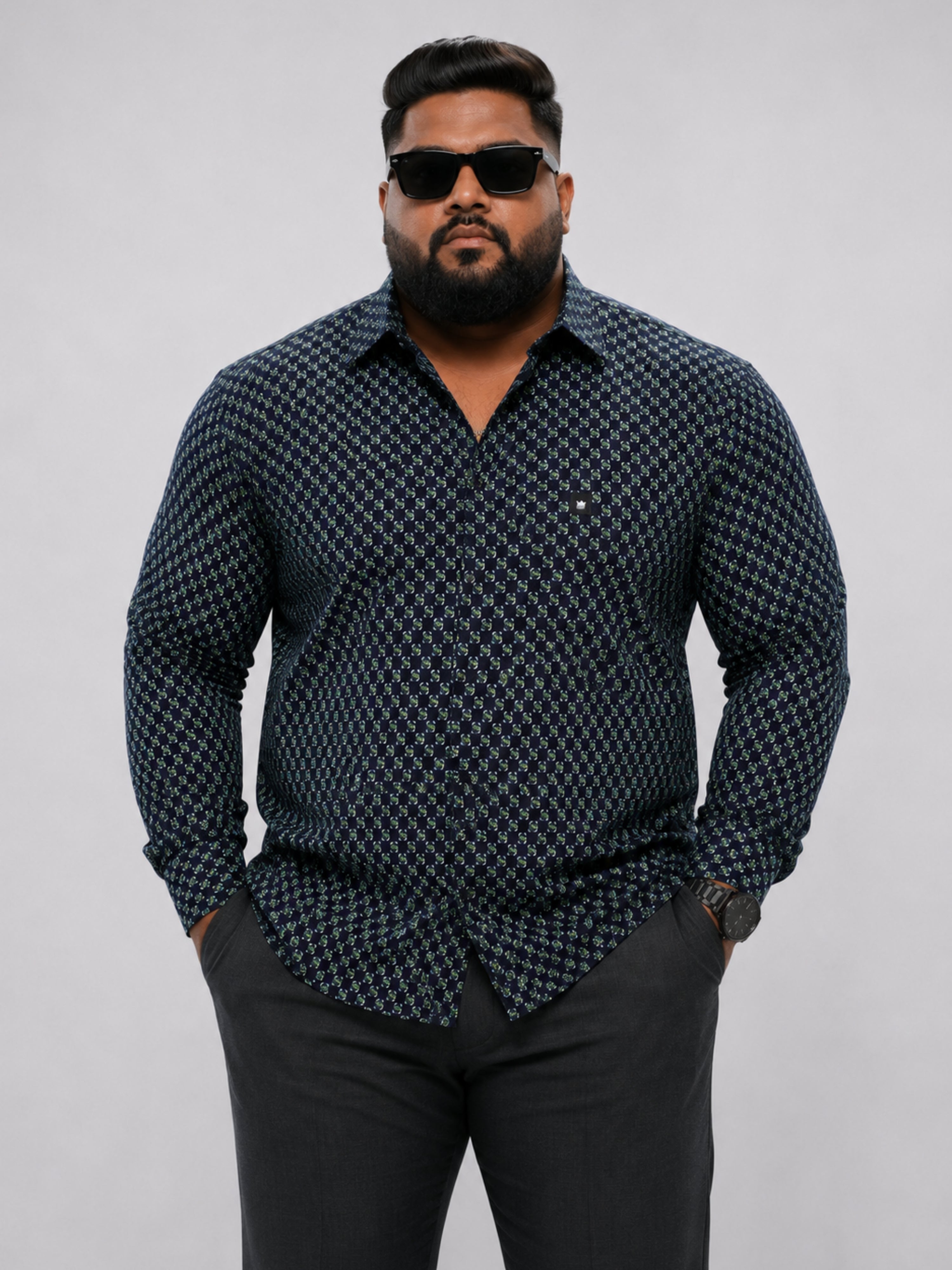 Plus Size Party Wear Satin Shirt - Dark Navy