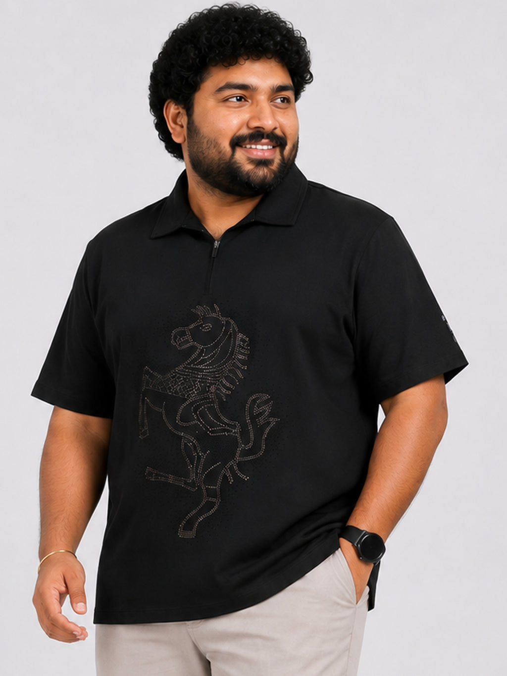 Plus Size Collar T-Shirt Party Wear - Black