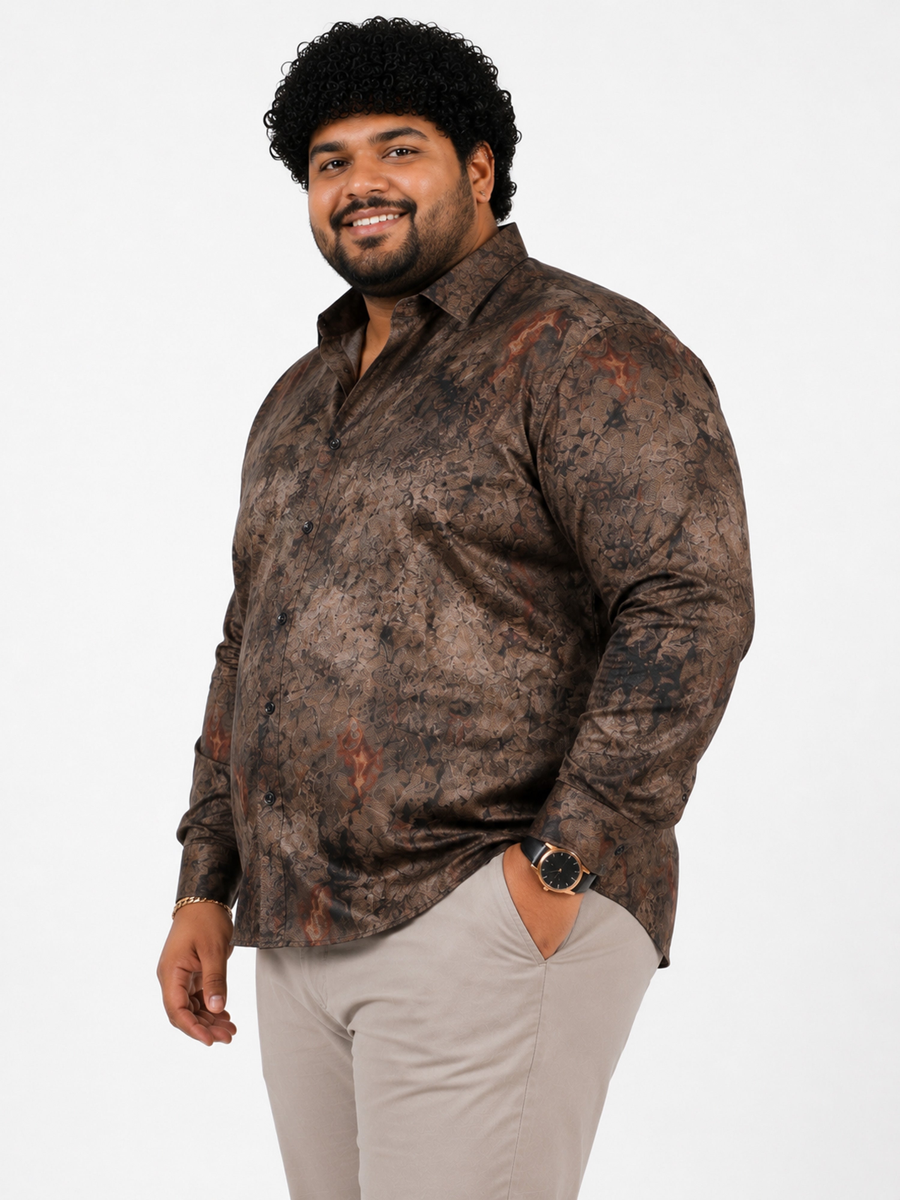 Plus Size Party Wear Satin Shirt - Brown