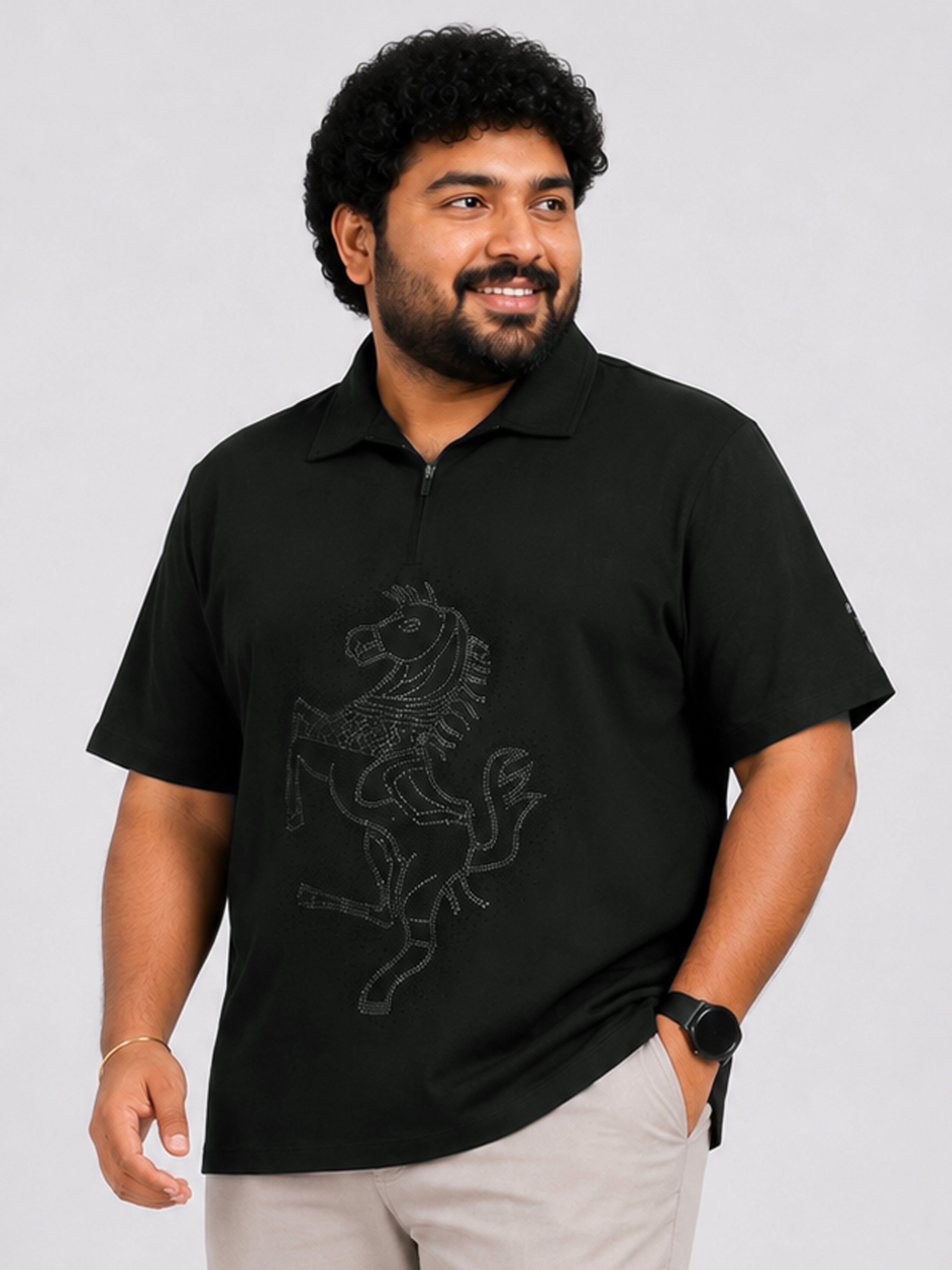 Plus Size Collar T-Shirt Party Wear - Black