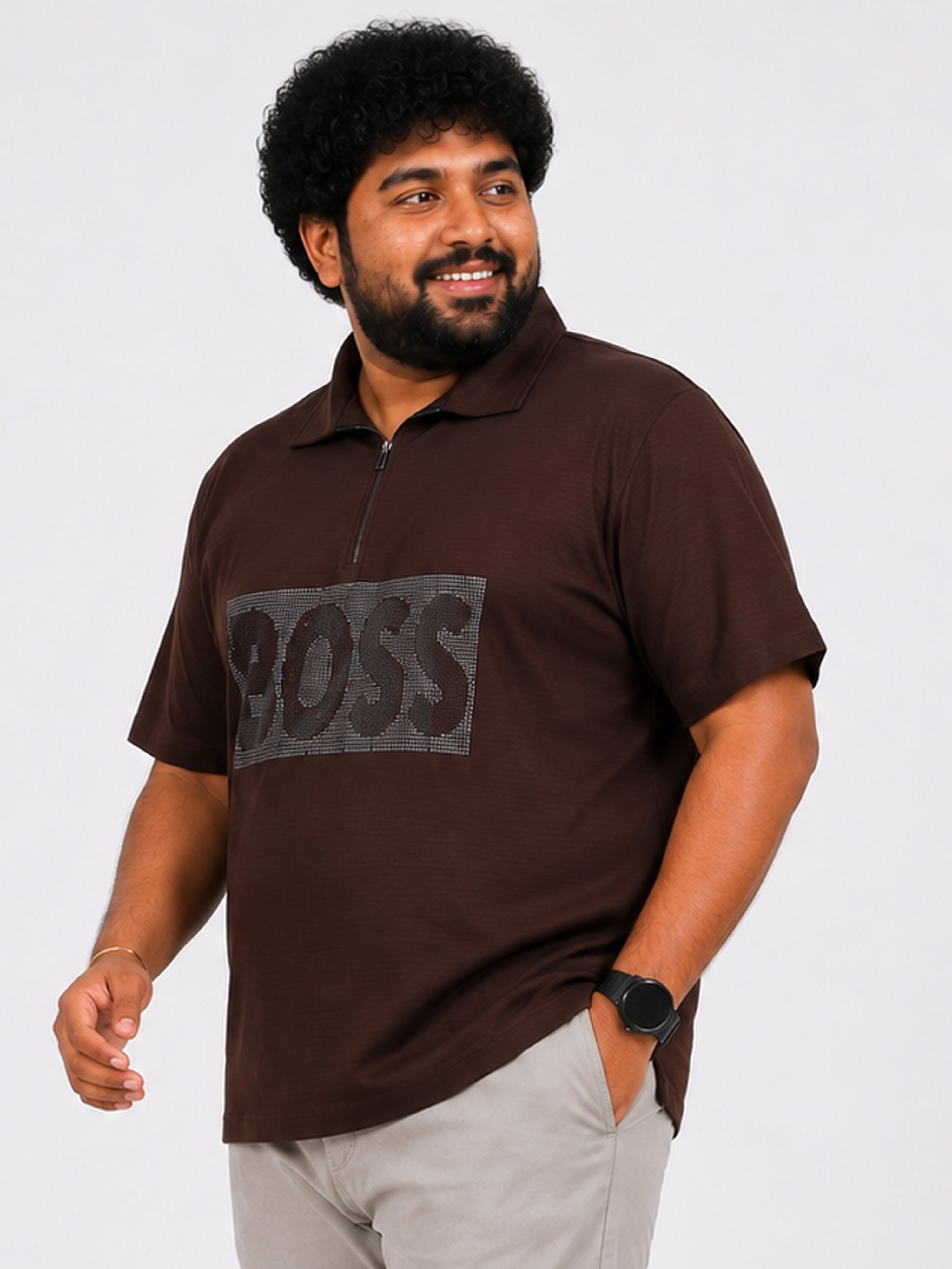 Plus Size Collar T-Shirt Party Wear - Brown