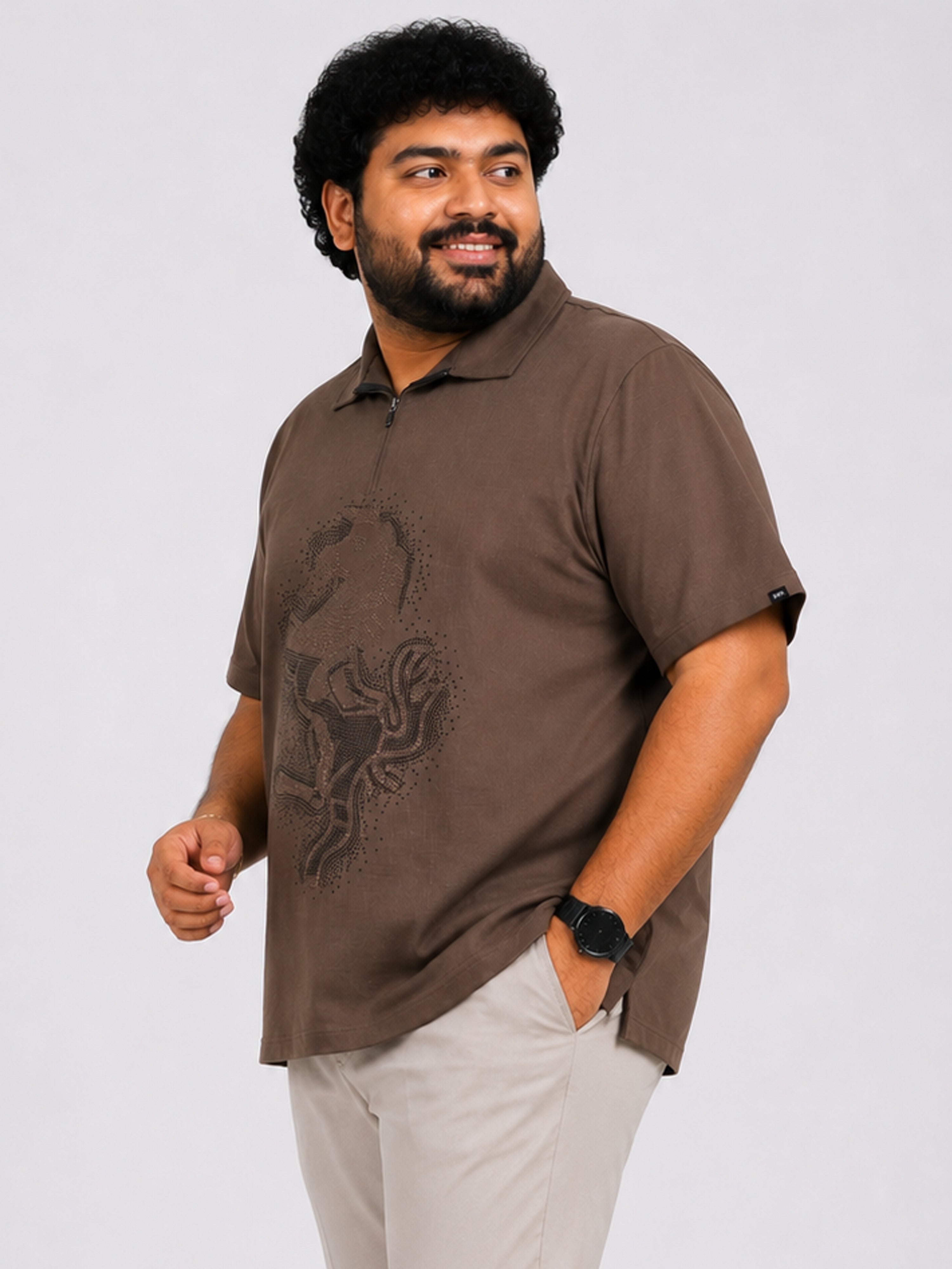Plus Size Collar T-Shirt Party Wear - Taupe Brown