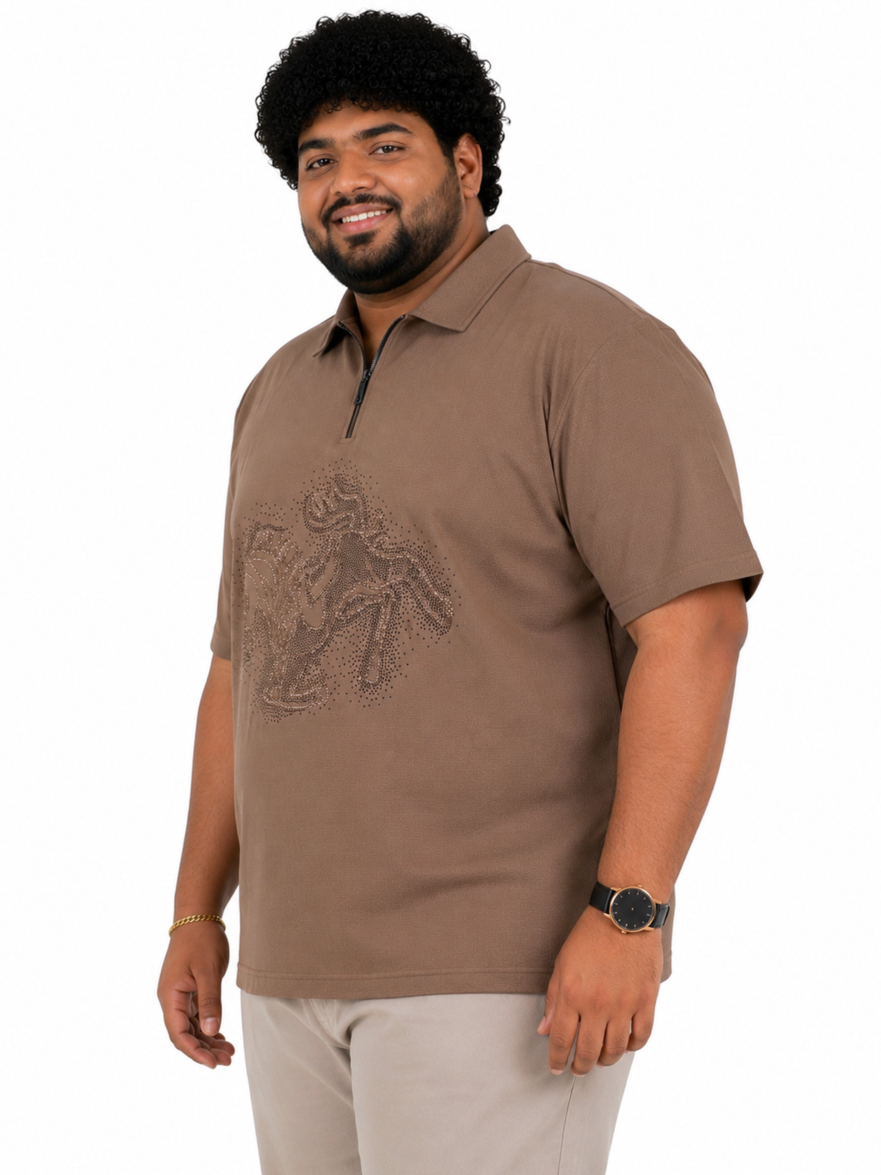 Plus Size Collar T-Shirt Party Wear - Khaki