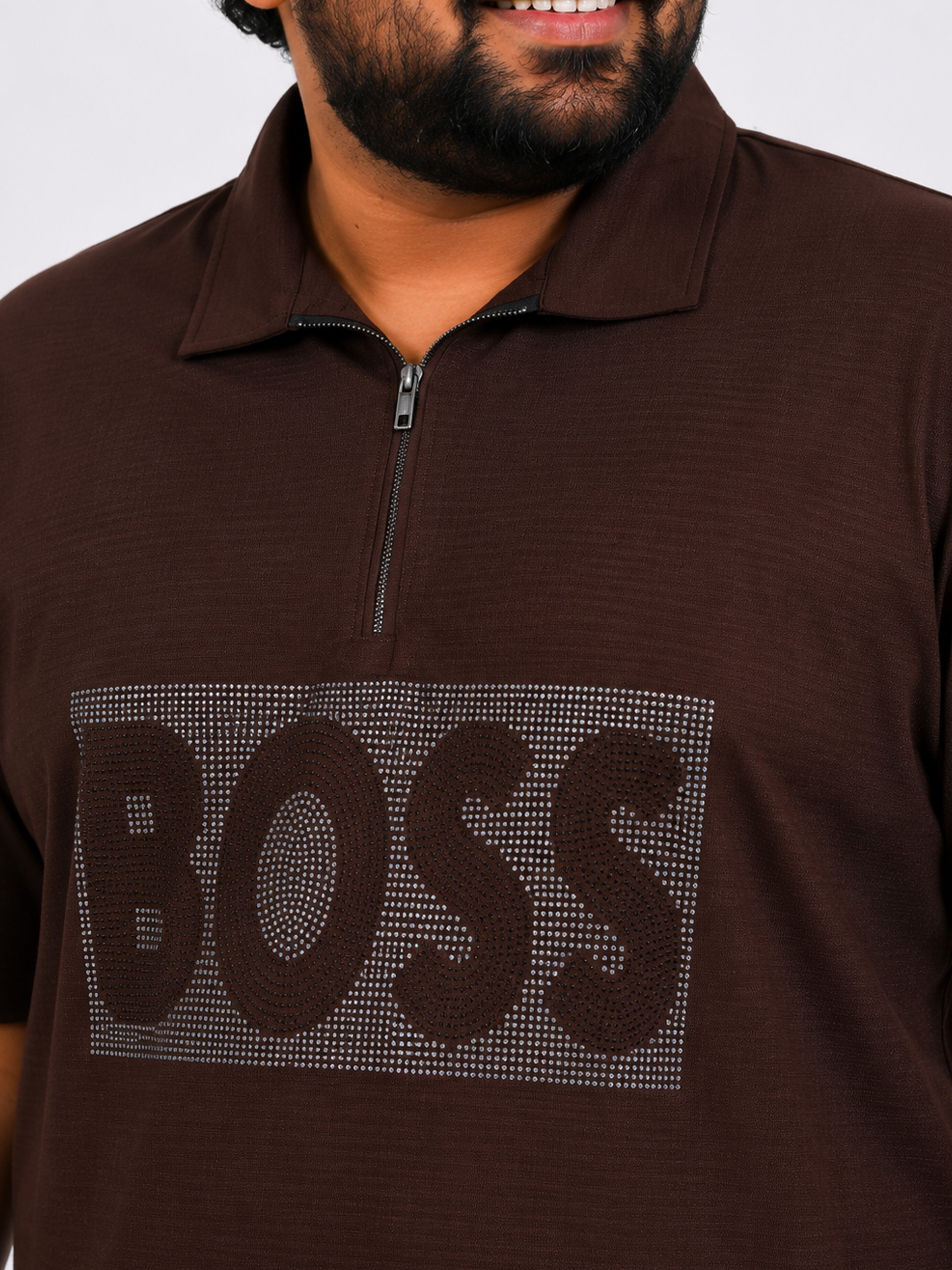 Plus Size Collar T-Shirt Party Wear - Brown