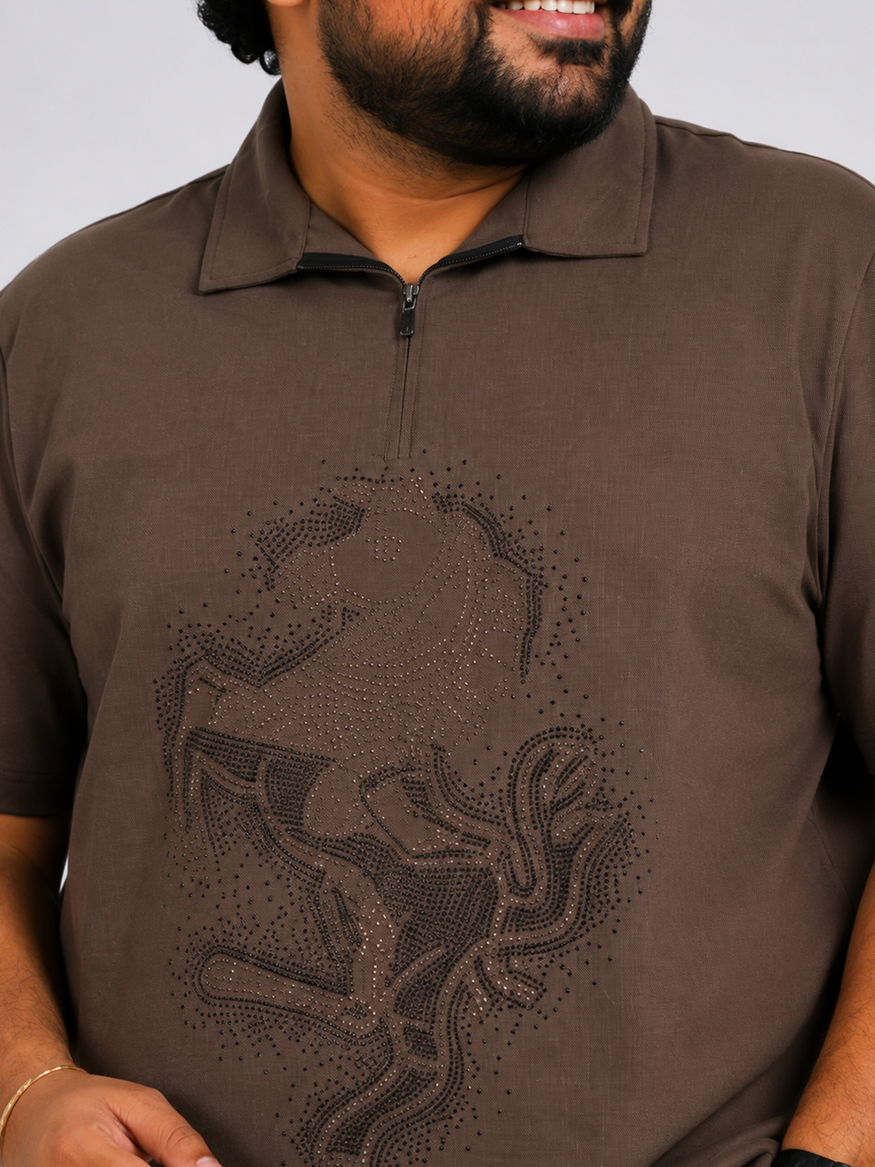 Plus Size Collar T-Shirt Party Wear - Taupe Brown