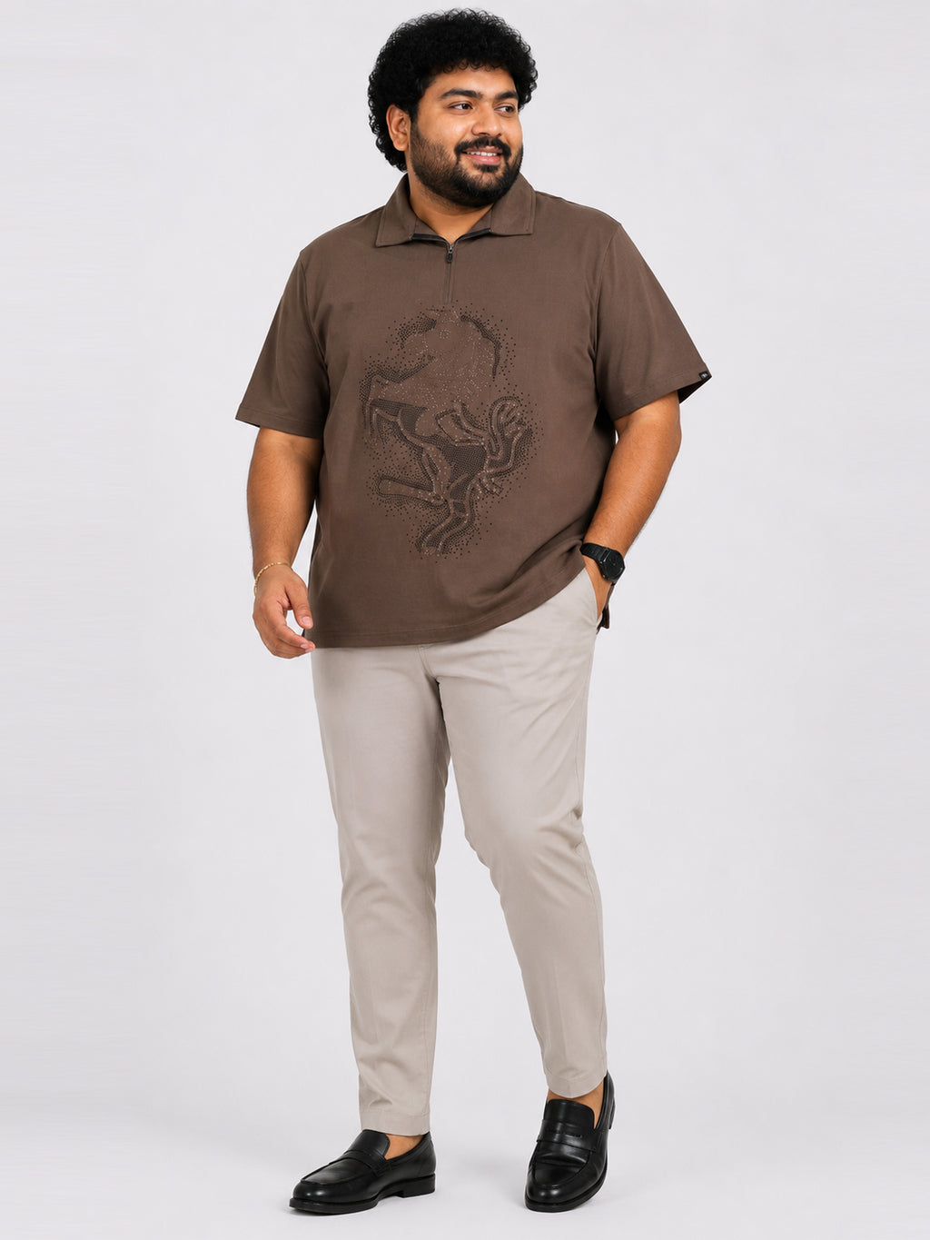 Plus Size Collar T-Shirt Party Wear - Taupe Brown