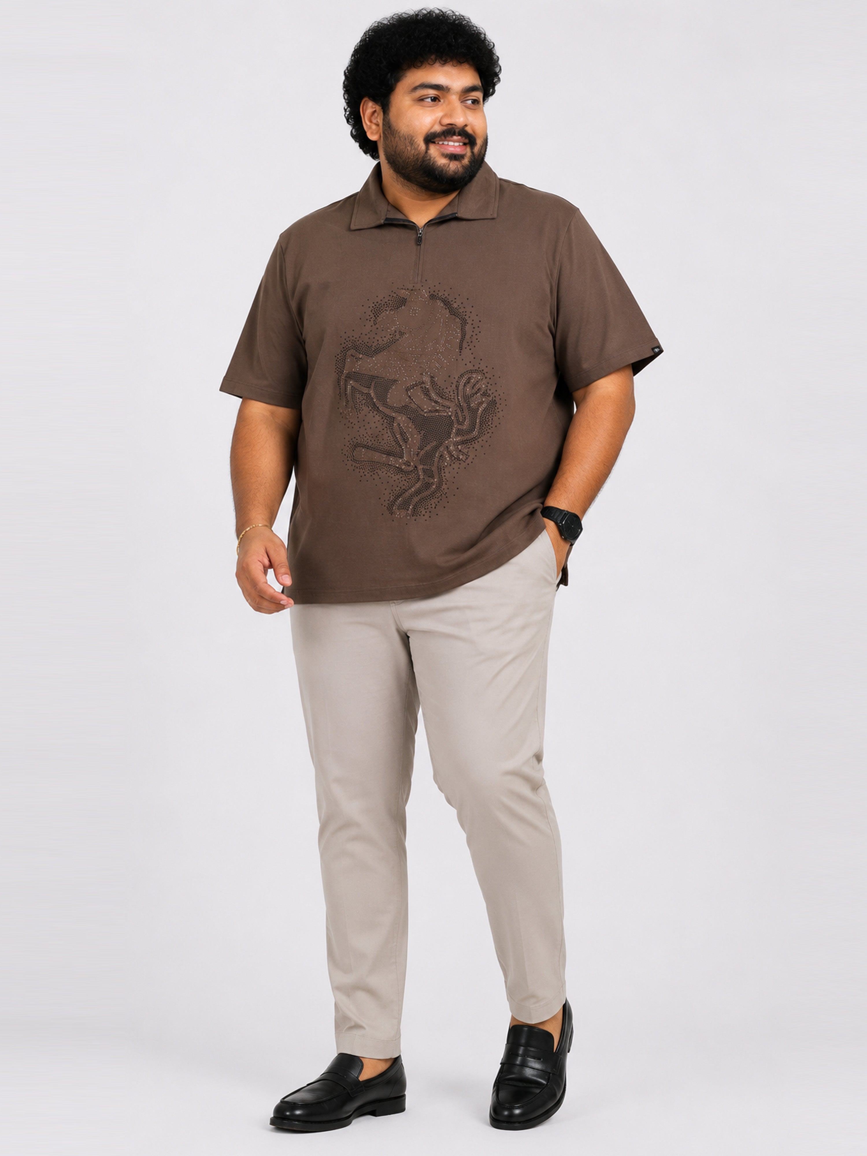 Plus Size Collar T-Shirt Party Wear - Taupe Brown