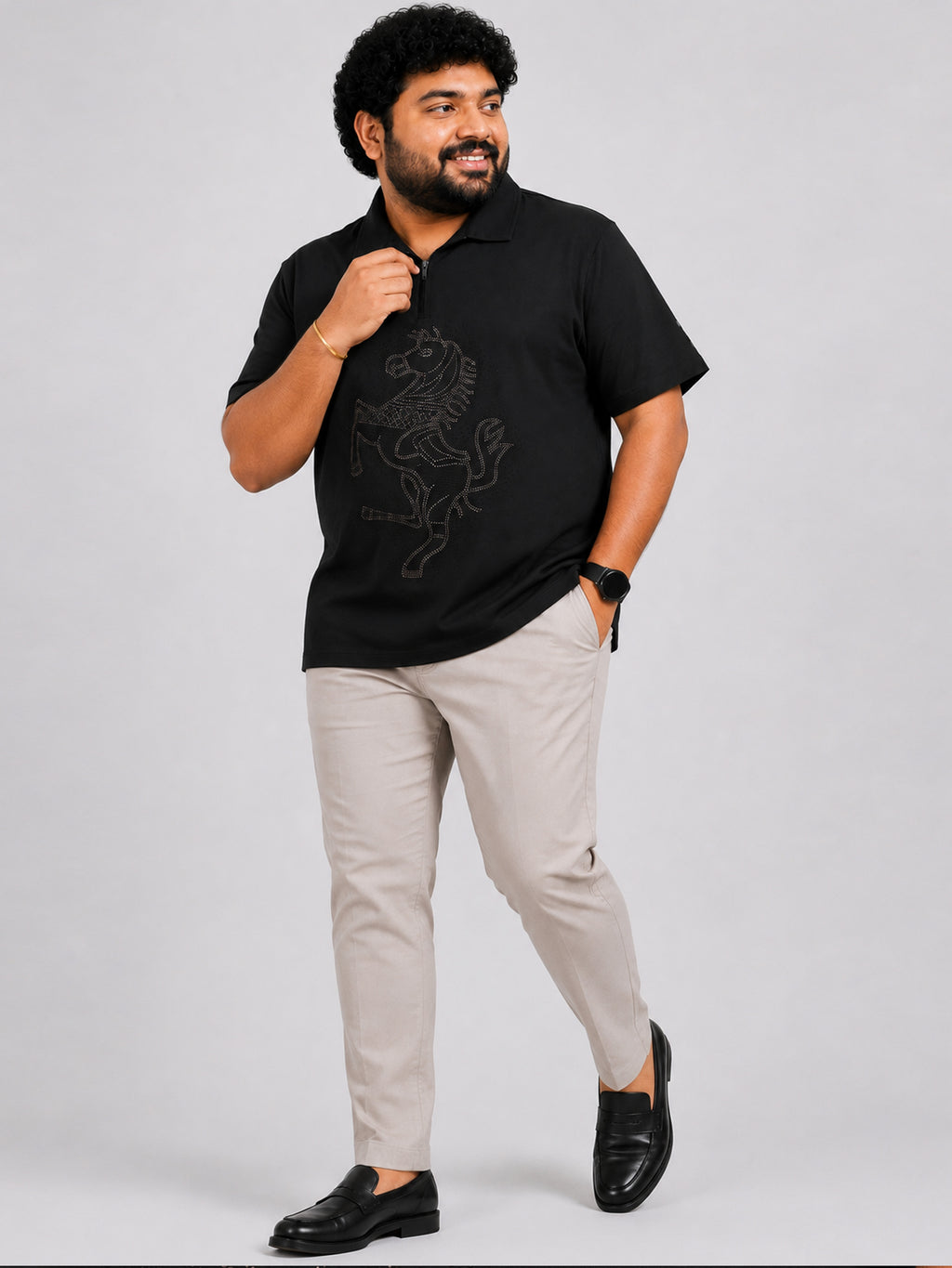 Plus Size Collar T-Shirt Party Wear - Black