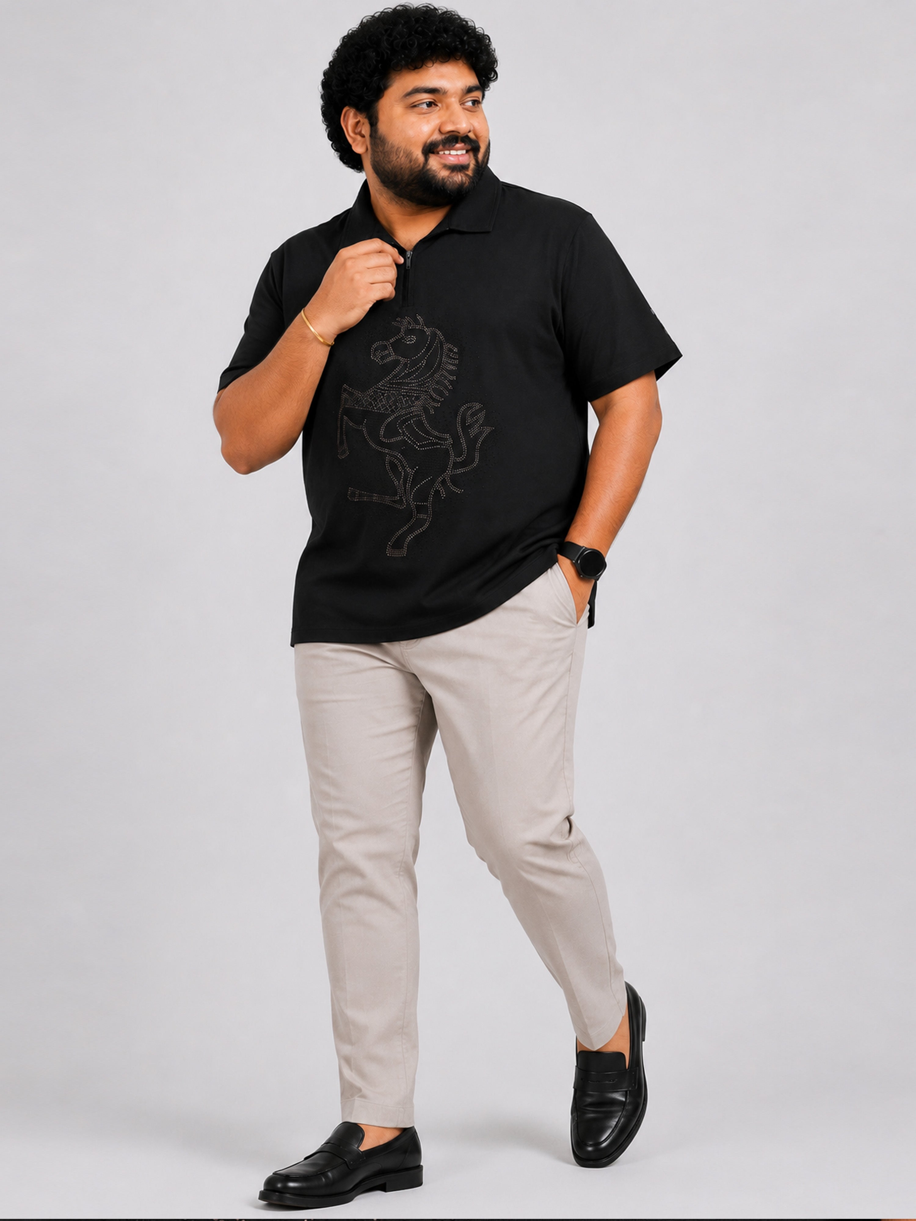 Plus Size Collar T-Shirt Party Wear - Black