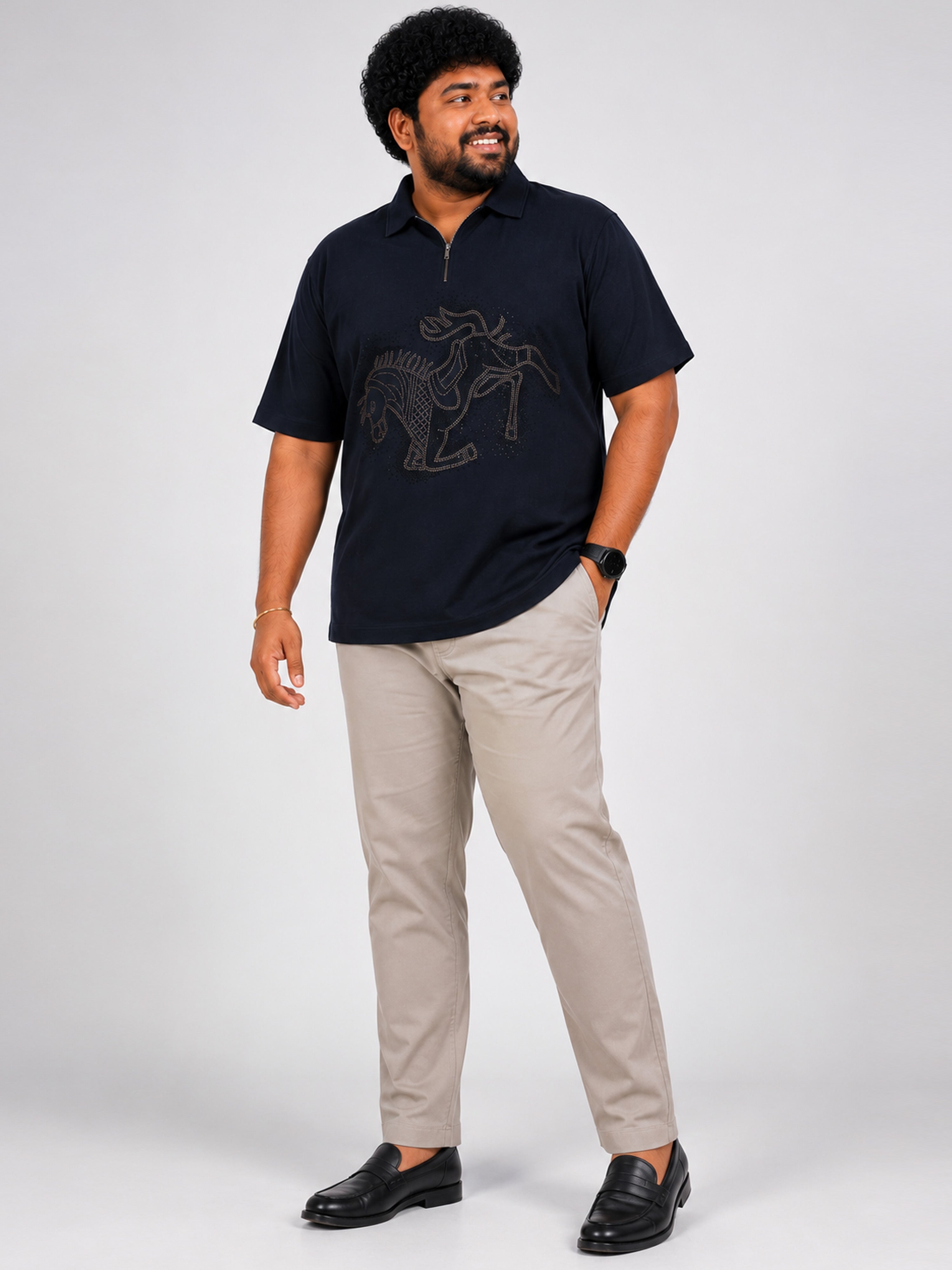 Plus Size Collar T-Shirt Party Wear - Steel Blue