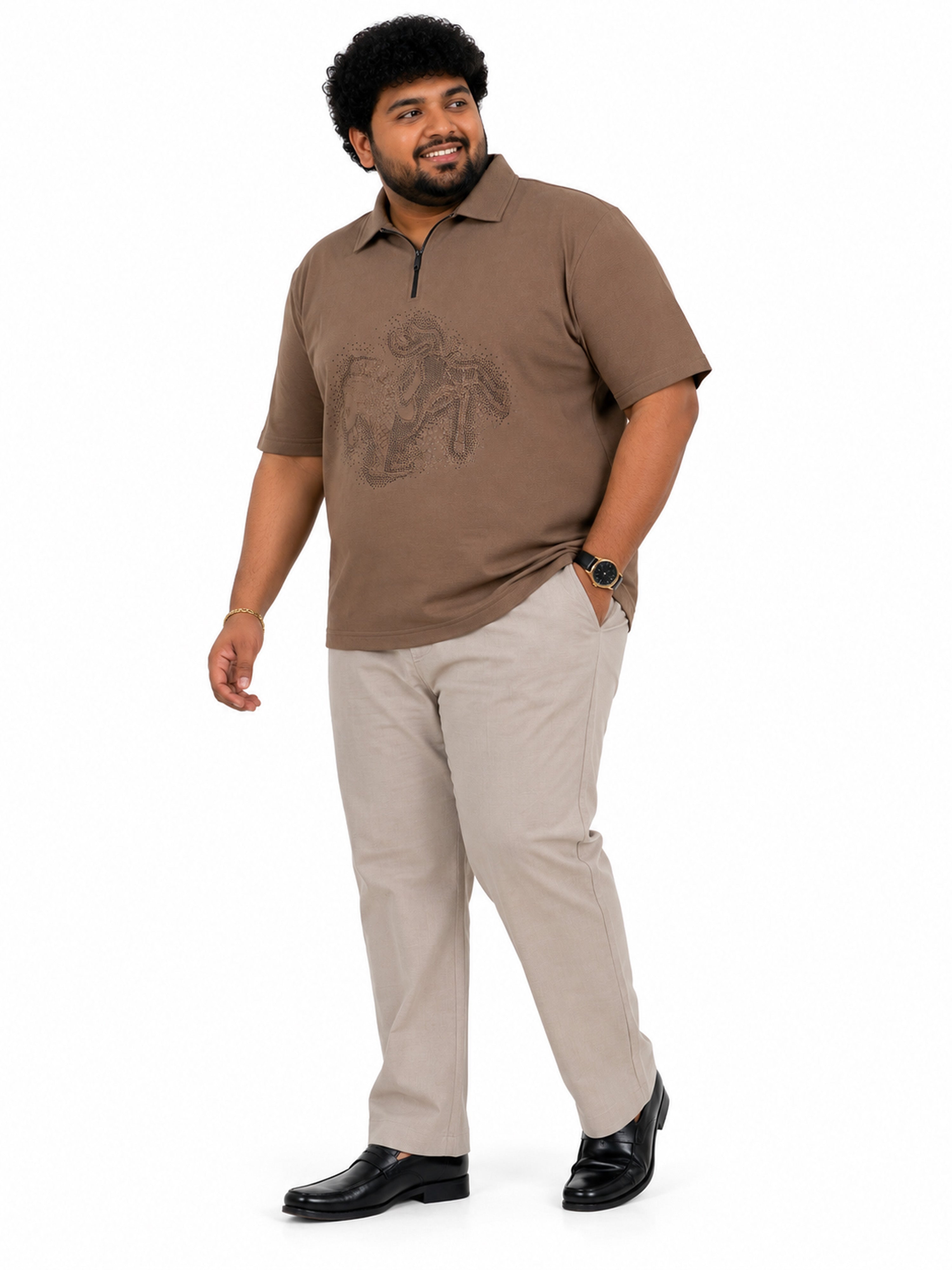 Plus Size Collar T-Shirt Party Wear - Khaki