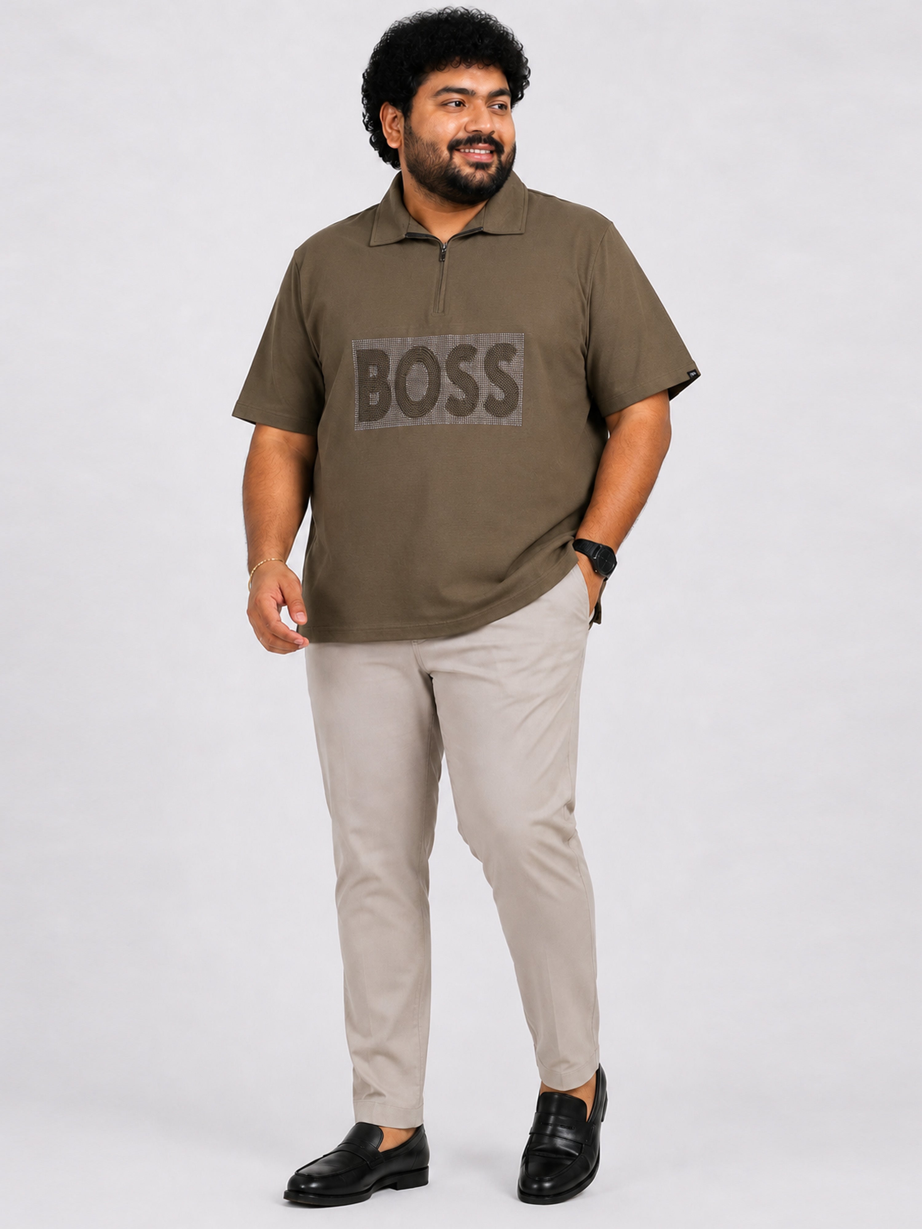 Plus Size Collar T-Shirt Party Wear - Charcoal Grey