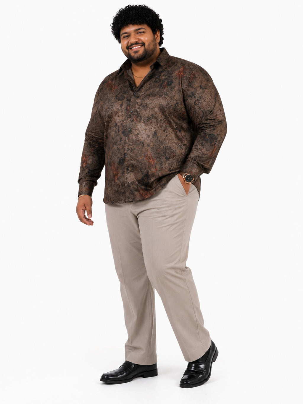 Plus Size Party Wear Satin Shirt - Brown